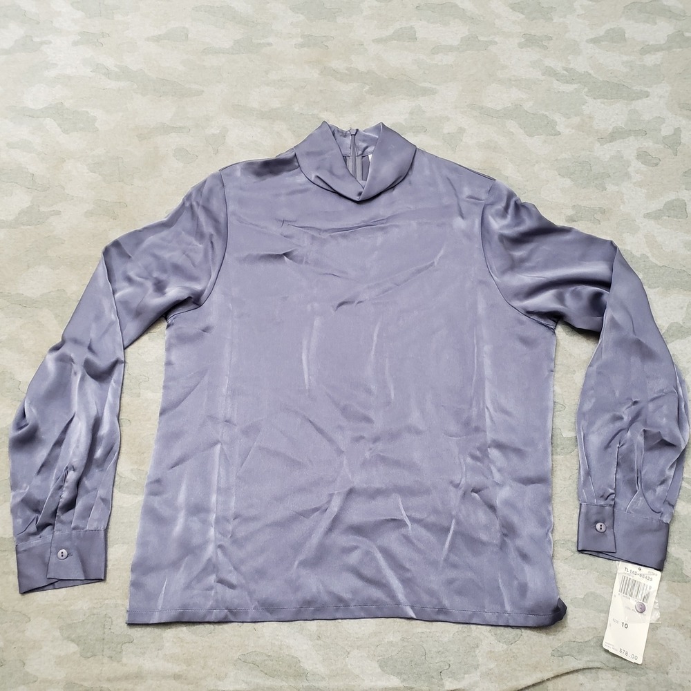 Pendleton Blouse Top Women 10 Purple Satin Mock Neck Long Sleeve Business NWT